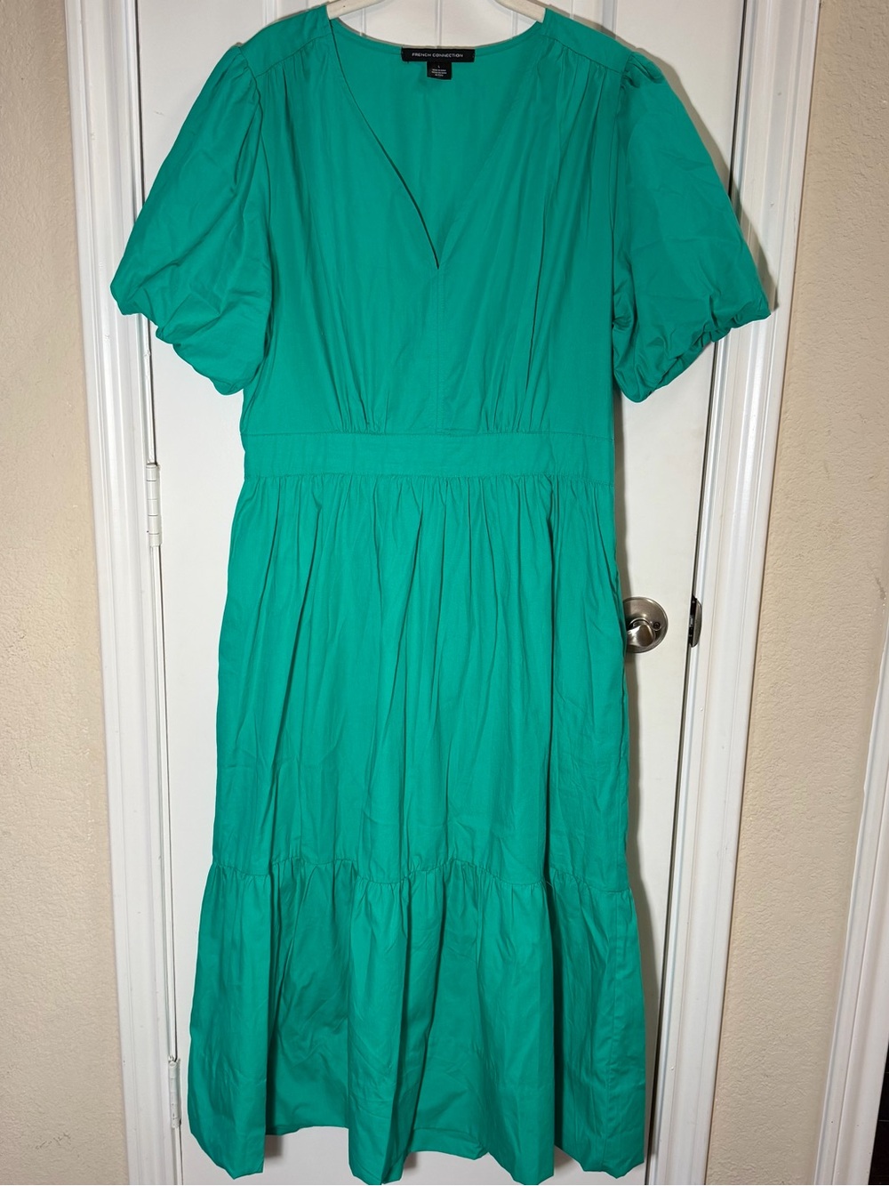 French Connection Emerald Green Puff Sleeve Tiered Midi Dress Size